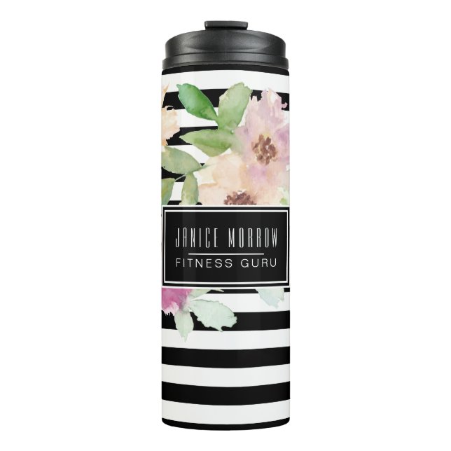 Watercolor Flowers & Stripes Thermal Tumbler (Front)