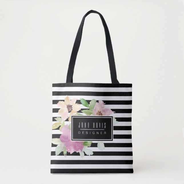 Watercolor Flowers & Stripes Tote Bag (Front)