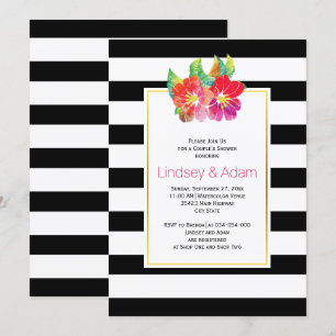 Watercolor flowers, stripes wedding couples shower invitation