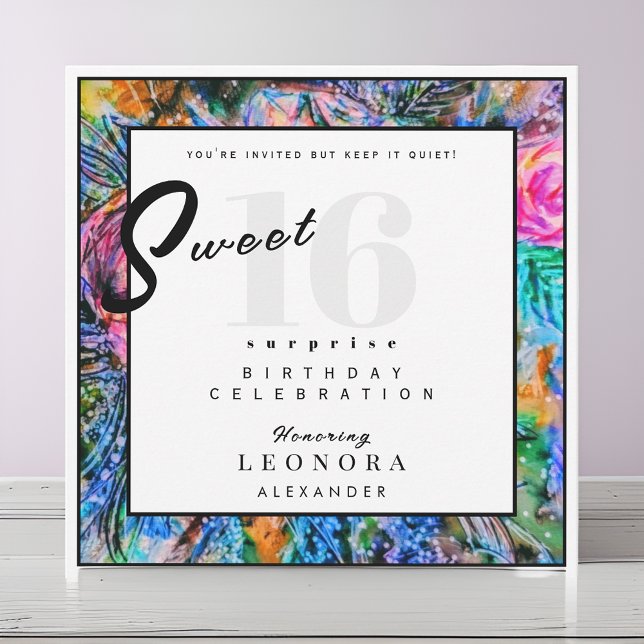 Watercolor Flowers Sweet Sixteen 16 Surprise Party Invitation (Creator Uploaded)