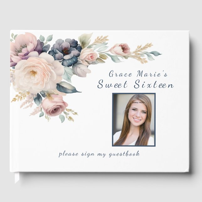 Watercolor Flowers Sweet Sixteen / Bat Mitzvah Guest Book (Front)