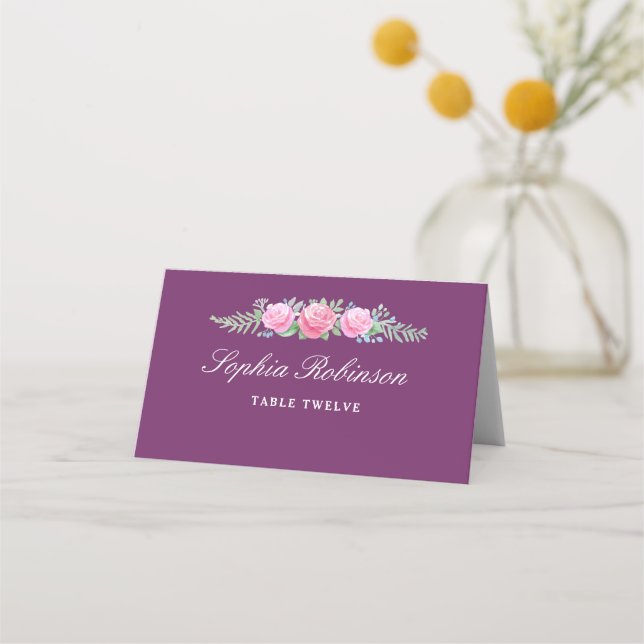 Watercolor Flowers Table Name Number Dark Magenta Place Card (Front)
