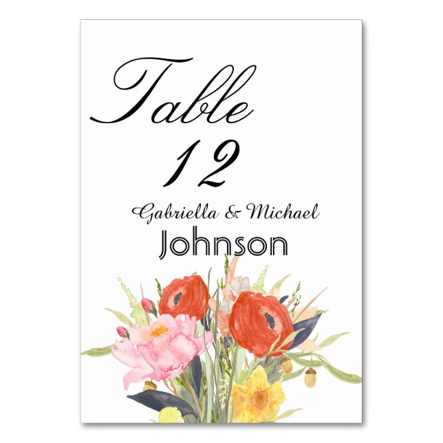 Watercolor Flowers Table Number (Front)