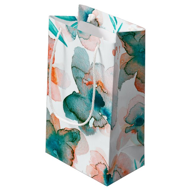 Watercolor Flowers Teal Floral Small Gift Bag (Back Angled)