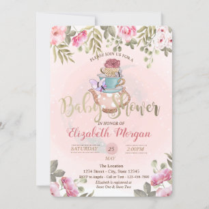 Watercolor Flowers Teapot  Baby Shower  Invitation