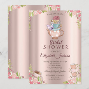 Watercolor Flowers Teapot Rose Gold Bridal Shower  Invitation