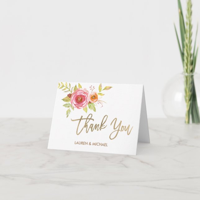 Watercolor Flowers Thank You Card Gold Foil (Front)