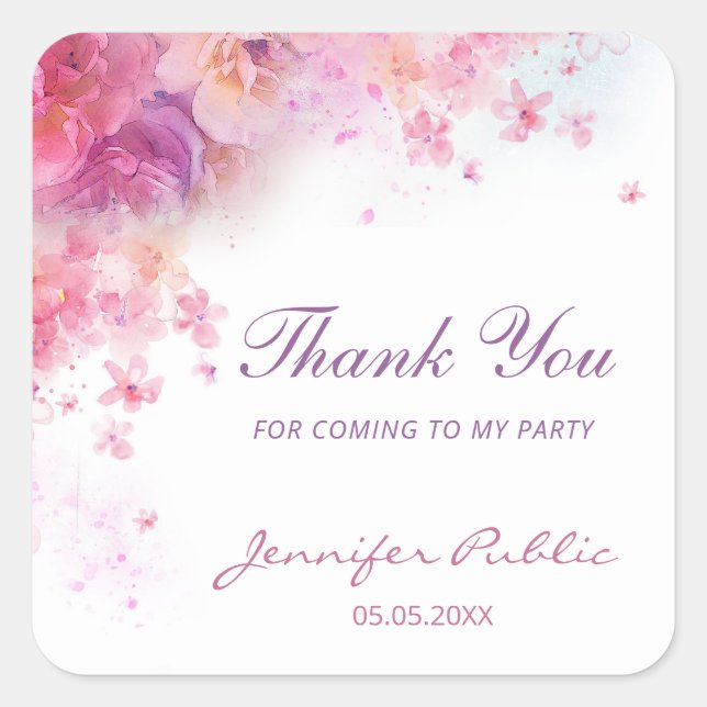 Watercolor Flowers Thank You Hand Script Template Square Sticker (Front)