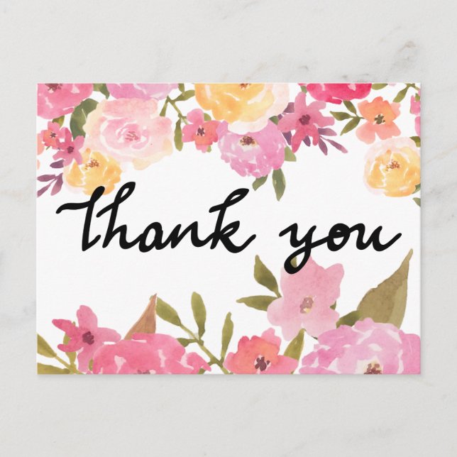 Watercolor Flowers Thank You Wedding Typography Postcard (Front)