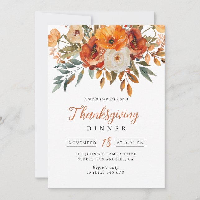 watercolor flowers Thanksgiving dinner Invitation (Front)