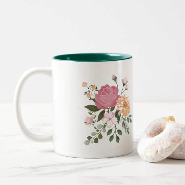 Watercolor flowers  Two-Tone coffee mug (With Donut)