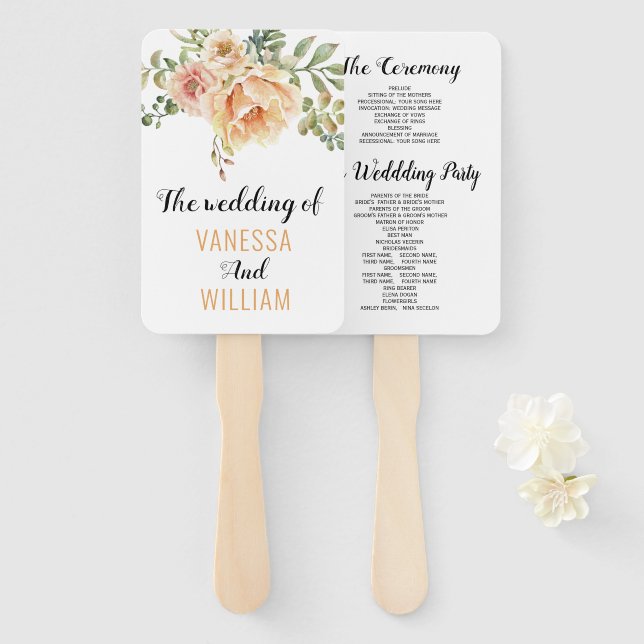 Watercolor flowers typography wedding program hand fan (Front and Back)