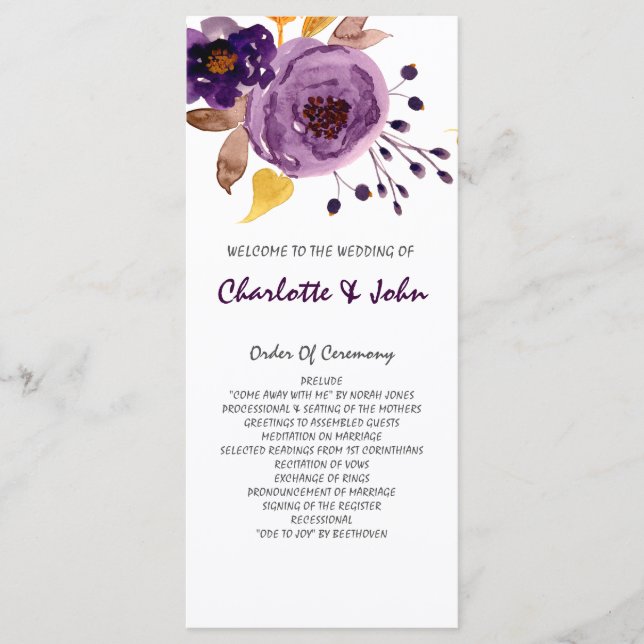 Watercolor Flowers Ultraviolet Wedding Programme (Front)