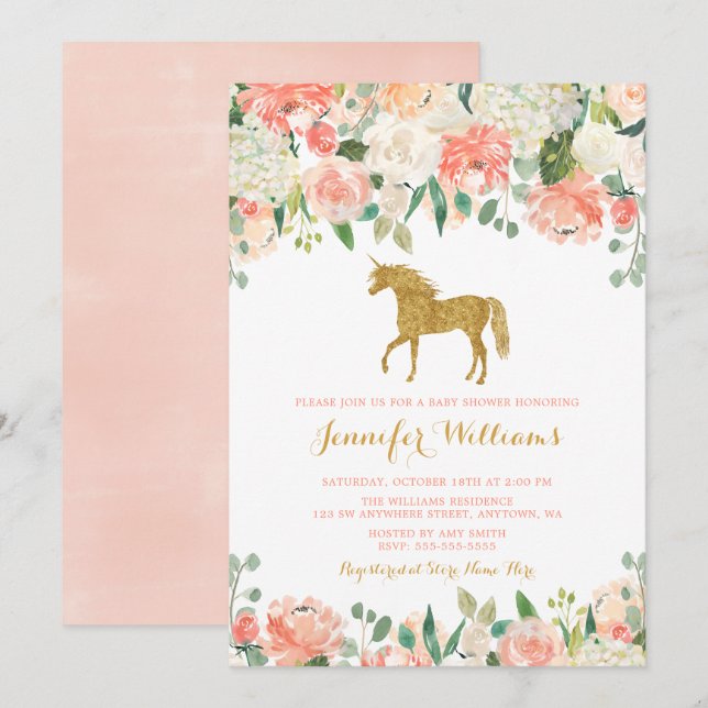 Watercolor Flowers Unicorn Baby Shower Invitations (Front/Back)