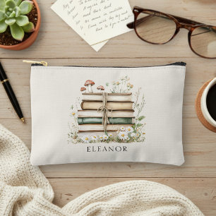 Watercolor Flowers Vintage Books Personalized Accessory Pouch