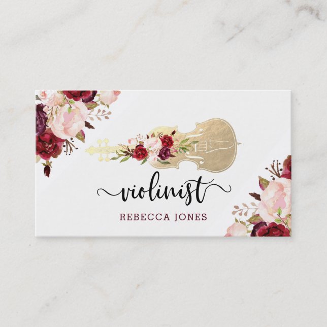 watercolor flowers violinist script business card (Front)