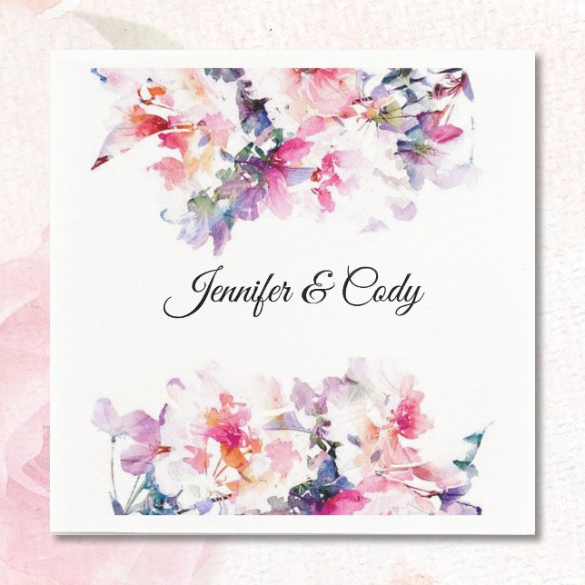 Watercolor Flowers Wedding Add Names Cocktail Napkin (Creator Uploaded)
