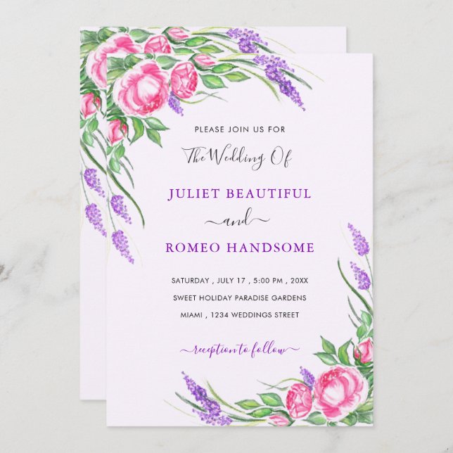 Watercolor Flowers Wedding Invitation Card (Front/Back)