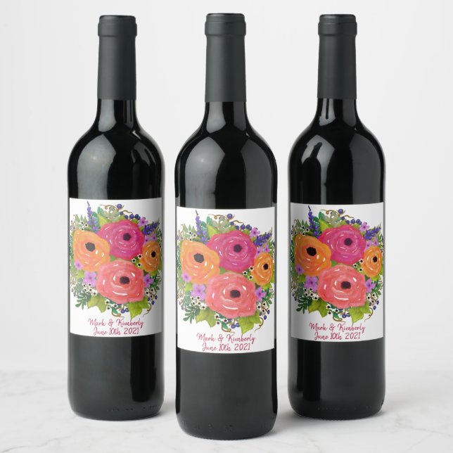 Watercolor Flowers | Wedding Personalised Wine Label (Bottles)