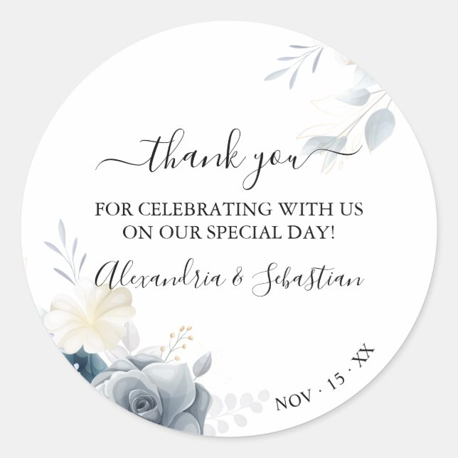Watercolor Flowers Wedding Thank You  Classic Round Sticker (Front)