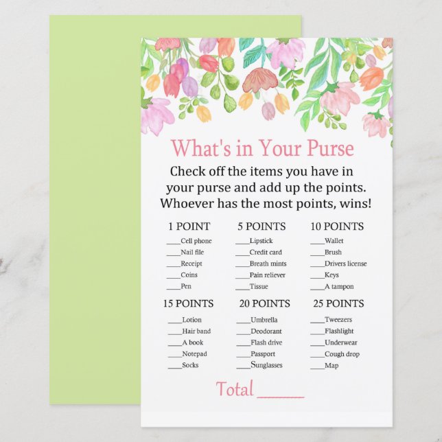 Watercolor Flowers What's in your purse game (Front/Back)