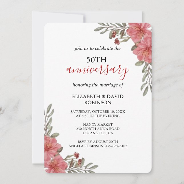 watercolor flowers white 50th anniversary wedding invitation (Front)