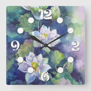 Watercolor flowers white lotos illustration flower square wall clock