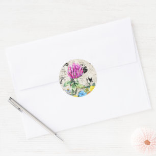 Watercolor Flowers, Wildflowers, Vintage Newspaper Classic Round Sticker