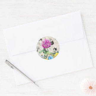 Watercolor Flowers, Wildflowers, Vintage Newspaper Classic Round Sticker