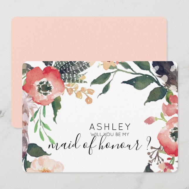 Watercolor Flowers Will You Be My Bridesmaid Name Invitation (Front/Back)