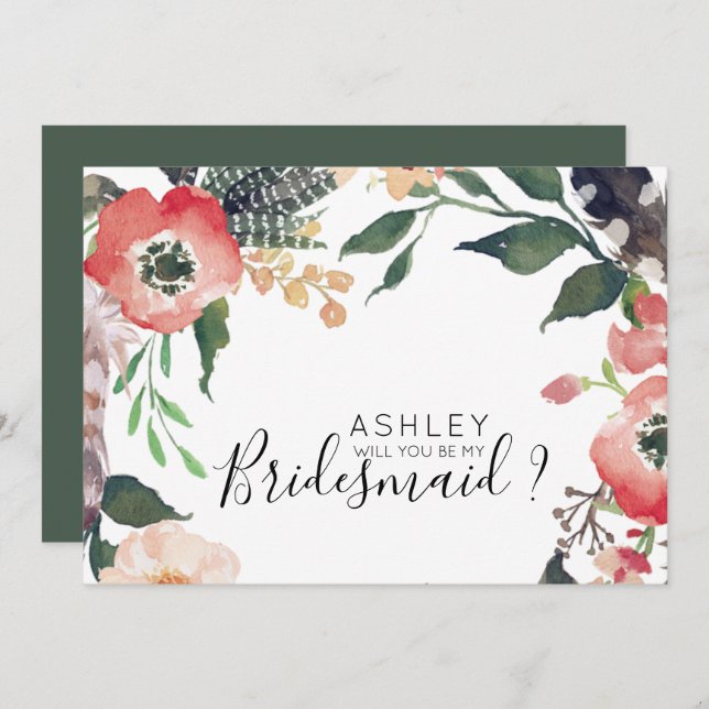Watercolor Flowers Will You Be My Bridesmaid Name Invitation (Front/Back)