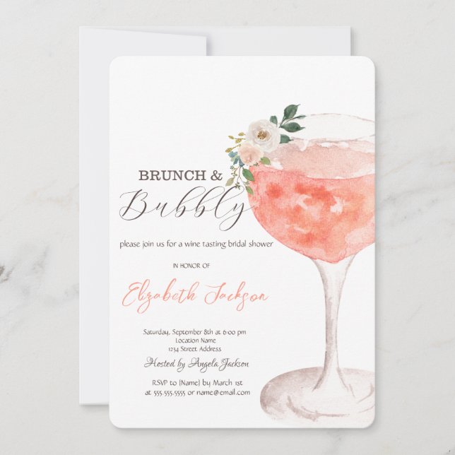 Watercolor Flowers Wine Brunch & Bubbly  Invitation (Front)