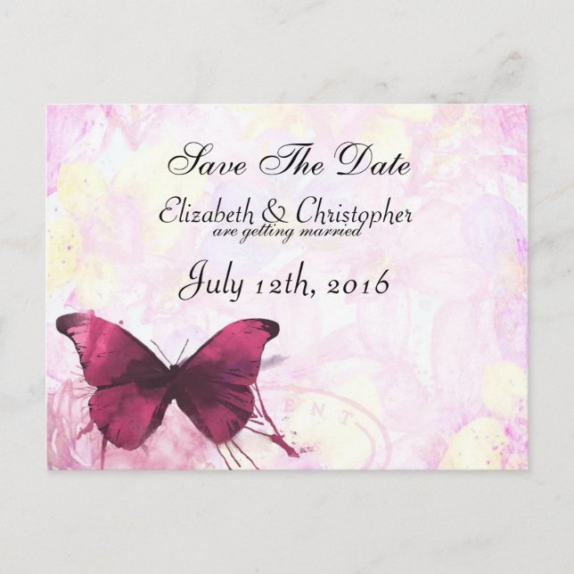 Watercolor Flowers with Butterfly Save The Date Announcement Postcard (Front)