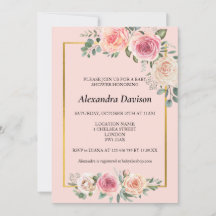 Watercolor Flowers with Frame Pink Baby Shower