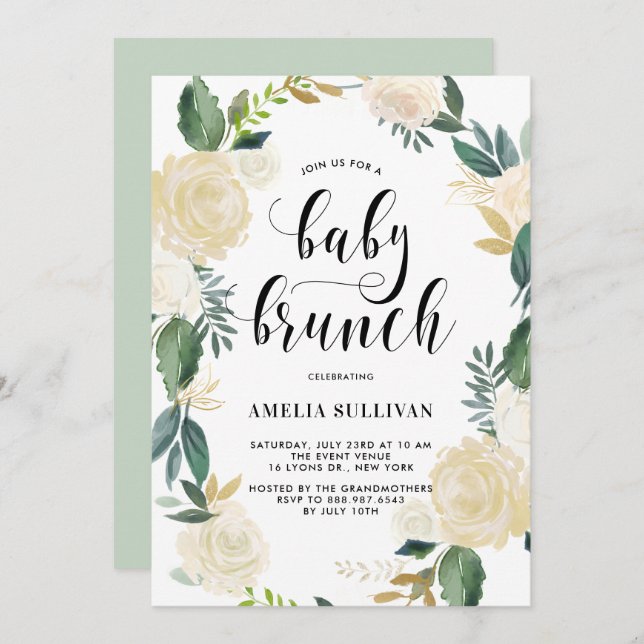 Watercolor Flowers with Glitter Baby Shower Brunch Invitation (Front/Back)