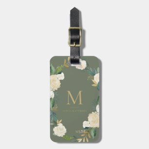 Watercolor Flowers with Gold Foil Monogram Green Luggage Tag