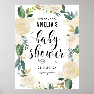 Watercolor Flowers with Gold Glitter Baby Shower Poster