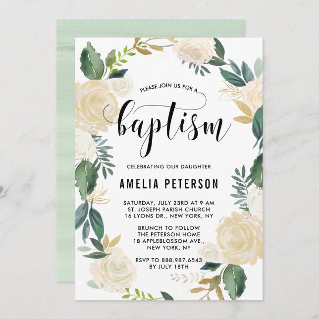 Watercolor Flowers with Gold Glitter Baptism Invitation (Front/Back)
