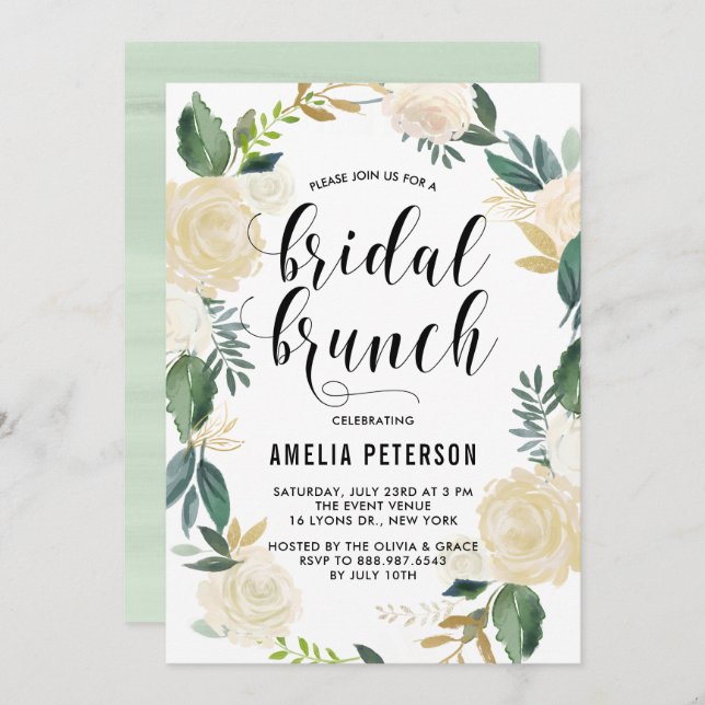Watercolor Flowers with Gold Glitter Bridal Brunch Invitation (Front/Back)