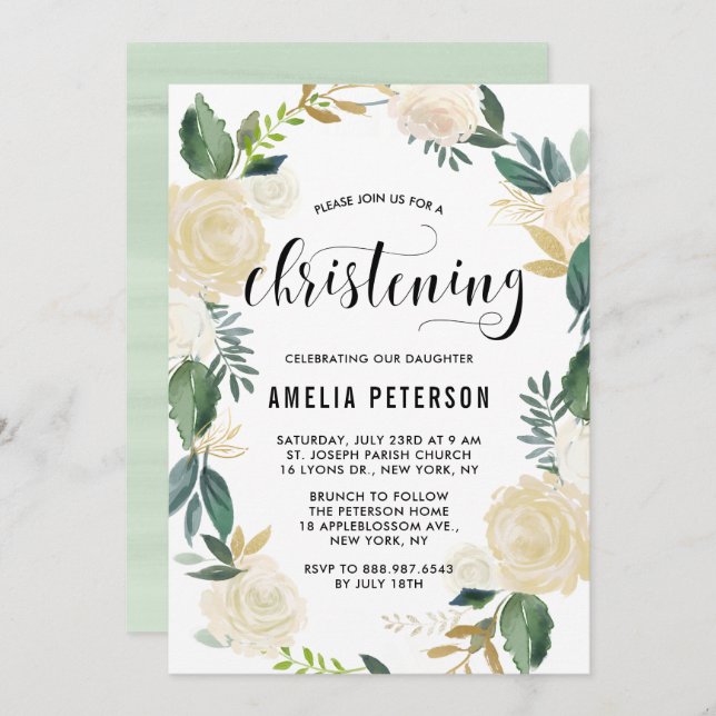 Watercolor Flowers with Gold Glitter Christening Invitation (Front/Back)