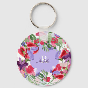 Watercolor Flowers with Monogram Key Ring
