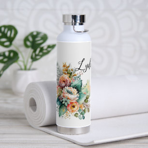 Watercolor Flowers with Name Water Bottle