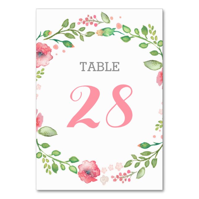 Watercolor Flowers Wreath Cute Elegant Wedding Table Number (Back)