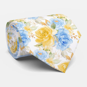 Watercolor Flowers Yellow Blue Roses Tie