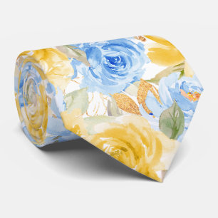 Watercolor Flowers Yellow Blue Roses Tie