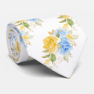 Watercolor Flowers Yellow Blue Roses Tie