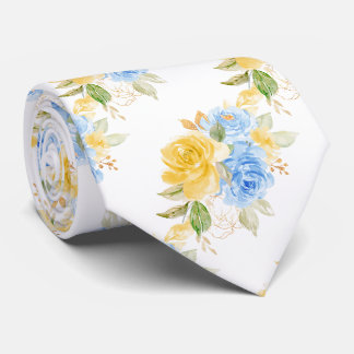Watercolor Flowers Yellow Blue Roses Tie