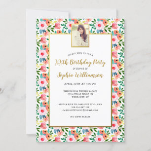 Watercolor Flowers, Your Photo, Birthday Party Invitation