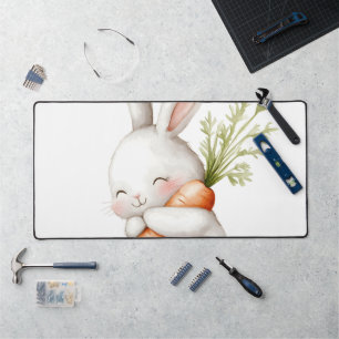 Watercolor Fluffy Bunny Carrot Love  Desk Mat