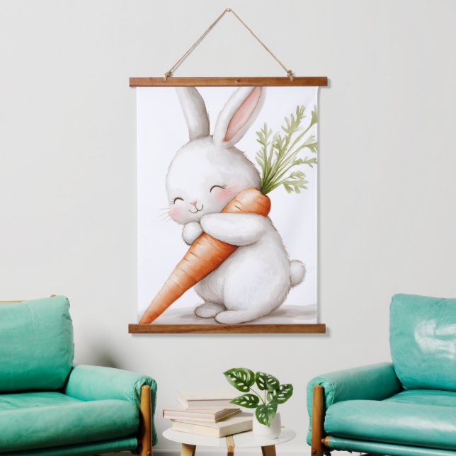 Watercolor Fluffy Bunny Carrot Love  Hanging Tapestry (Living Room)